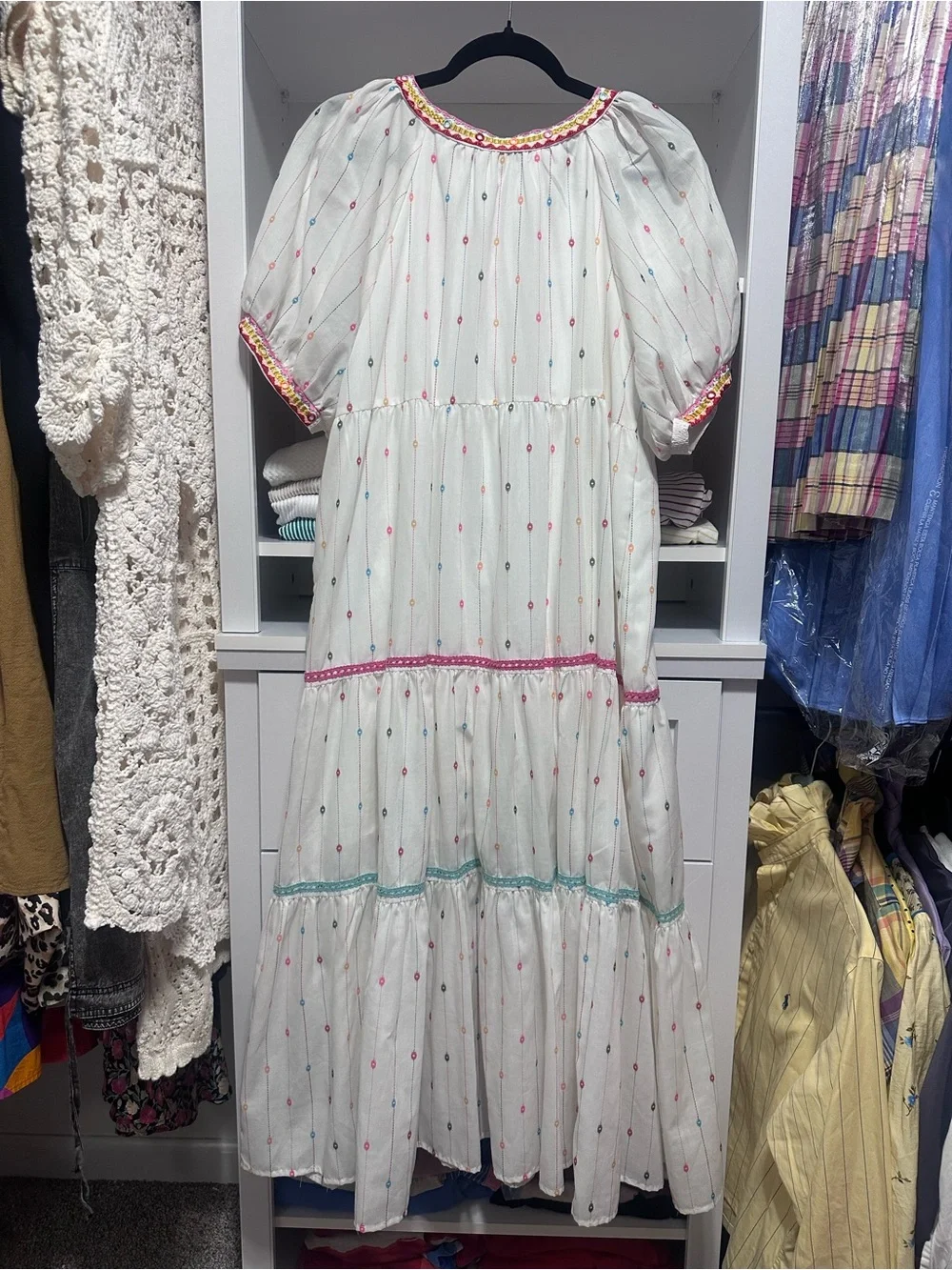 White Boho Embroidered Maxi Dress with Multicolor Trim - Picture 3 of 6